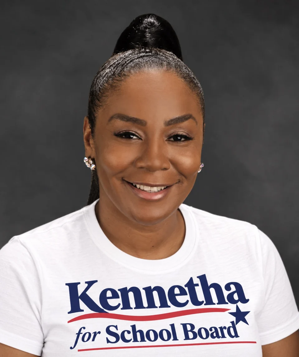 Kennetha Stevens smiling in a Kennetha for School Board campaign shirt